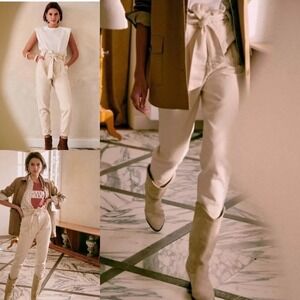 Sézane Paperbag Pants High Waist Belted Austin Trousers Flecked Ecru Size 12/44‎